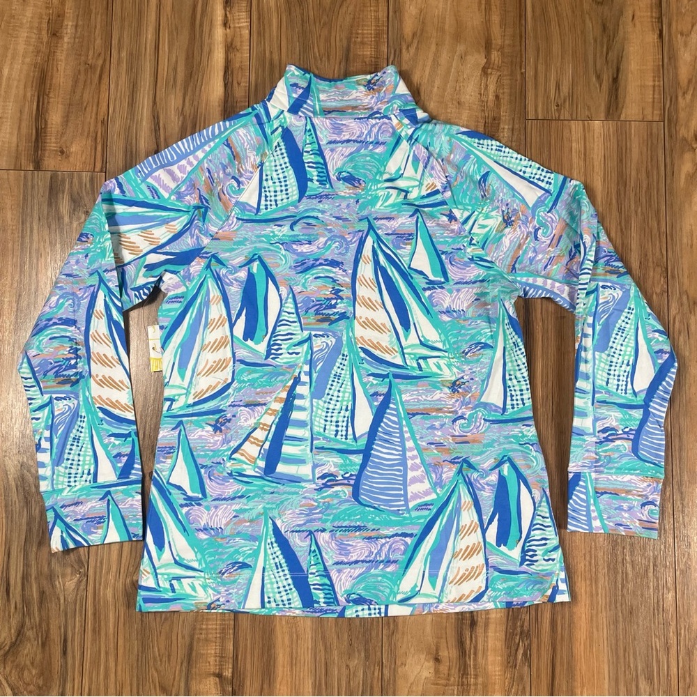 Lilly Pulitzer Skipper Popover Aboat Time Boats Sz Large NWOT Blue Quarter Zip - Picture 5 of 9